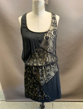 Womens, Dress, Sleeveless, COLLECTIVE CONCEPTS, Black, Champagne, Silk, Cotton, Solid, Floral, 26W, 34 B, Tank Top ,Racer Back, Silhouette, Elastic WB, Lace & Solid Fabric Inserts. Beaded Trim Edge.