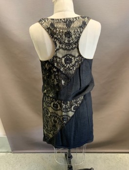 Womens, Dress, Sleeveless, COLLECTIVE CONCEPTS, Black, Champagne, Silk, Cotton, Solid, Floral, 26W, 34 B, Tank Top ,Racer Back, Silhouette, Elastic WB, Lace & Solid Fabric Inserts. Beaded Trim Edge.