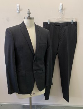 CALVIN KLEIN, Charcoal Gray, Wool, Stripes, Single Breasted, 2 Buttons, Notched Lapel, 3 Pockets, 4 Button Cuffs, 2 Back Vents