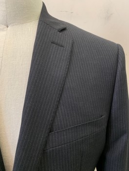 Mens, Suit, Jacket, CALVIN KLEIN, Charcoal Gray, Wool, Stripes, 34/31, 40R , Single Breasted, 2 Buttons, Notched Lapel, 3 Pockets, 4 Button Cuffs, 2 Back Vents