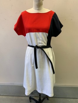 TONI TODD, Red, White, Navy Blue, Polyester, Rayon, Color Blocking, with Black Belt, Boat Neckline, Cap Sleeves, Hem Below Knee