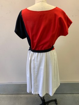 TONI TODD, Red, White, Navy Blue, Polyester, Rayon, Color Blocking, with Black Belt, Boat Neckline, Cap Sleeves, Hem Below Knee