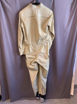 Mens, Jumpsuit, MTO, Beige, Synthetic, Rubber, Solid, W38, 44, Band Collar, Zip Front, L/S, 2 Pockets, Rubber Patches on Left Chest, Rubber Yoke, Black Elastic Hems, *Black Stains on Back of Yoke*