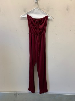 Womens, Jumpsuit, N/L, Maroon Red, Polyester, Solid, W28, Strapless, Tie at Bust, Elastic Waistband,