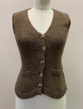 Womens, Sweater Vest, ZARA, Brown, Acrylic, Polyester, Solid, S, Sleeveless, Button Front, V Neck, Top Pockets