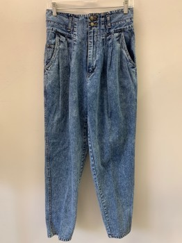 Womens, Jeans, BILL BLASS, Denim Blue, Cotton, Acid Wash, W 30, 10, Pleated Front, High Waisted, Zip Front, Side Pockets, Belt Loops,