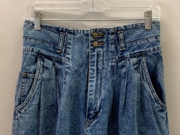 Womens, Jeans, BILL BLASS, Denim Blue, Cotton, Acid Wash, W 30, 10, Pleated Front, High Waisted, Zip Front, Side Pockets, Belt Loops,