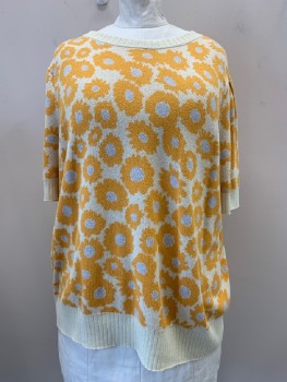 Womens, Pullover, AVA + VIV, Cream, Amber Yellow, Cotton, Polyester, Floral, 3XL, S/S, Round Neck