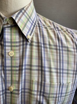 DOCKERS, Ecru, Brown, Blue, Lime Green, Cotton, Polyester, Plaid, Button Down Collar, S/S, 1 Pocket, Button Front,