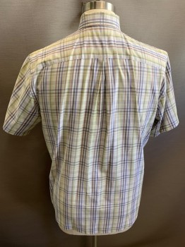 DOCKERS, Ecru, Brown, Blue, Lime Green, Cotton, Polyester, Plaid, Button Down Collar, S/S, 1 Pocket, Button Front,