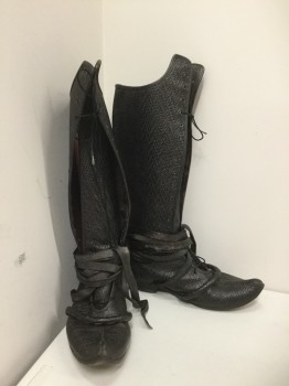 Mens, Historical Fiction Boots , MTO, Black, Leather, 10.5, Faux Woven, Lace Front, Pointy Toe, 1 Leather Wrapped Cord Around Arch