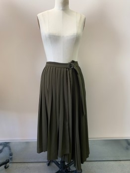 Womens, Skirt, Long, LEWIT, Dk Olive Grn, Polyester, Solid, W28, 6, Full Pleated, Attached Buckle, Side Zipper