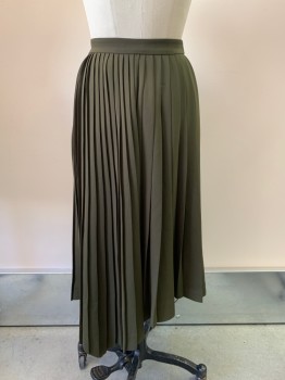 Womens, Skirt, Long, LEWIT, Dk Olive Grn, Polyester, Solid, W28, 6, Full Pleated, Attached Buckle, Side Zipper
