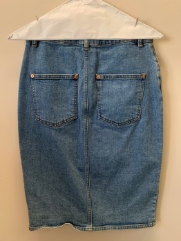 Womens, Skirt, Below Knee, ASOS, Denim Blue, Cotton, Solid, W28, F.F, Top Pockets, Zip Front, Belt Loops, Front Slit