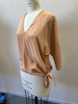 Womens, Top, ABOVE THE CROWD, Tan Brown, Polyester, Solid, B 38, Pullover, V-N, Dolman Slvs, Self Tie Waist