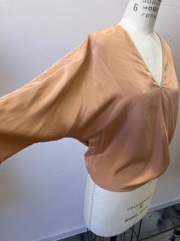 ABOVE THE CROWD, Tan Brown, Polyester, Solid, Pullover, V-N, Dolman Slvs, Self Tie Waist