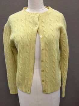 Womens, Sweater, ASTON, Lt Yellow, Wool, Cable Knit, Cable Knit, Long Sleeves, Yellow Buttons, Round Neck, Cardigan