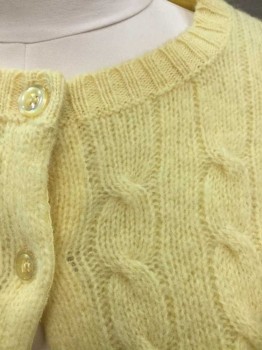Womens, Sweater, ASTON, Lt Yellow, Wool, Cable Knit, Cable Knit, Long Sleeves, Yellow Buttons, Round Neck, Cardigan