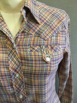 Womens, Blouse, STUFFED SHIRT, Orange, Navy Blue, Yellow, White, Polyester, Cotton, Plaid,  , 32B, Long Sleeves, Button Front, Collar Attached,  1 Pocket, Western Yoke, Top Stitching,