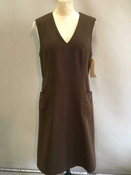 ALEX COLMAN, Chocolate Brown, Polyester, Solid, Sleeveless, V-neck, 2 Front Pockets with Buttons, Back Center Zipper, Belt Loops, Missing Belt