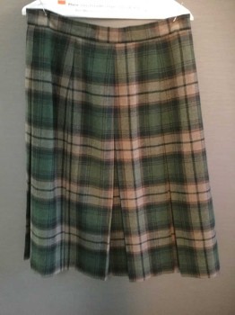 Womens, Skirt, Made In Scotland, Forest Green, Tan Brown, Beige, Wool, Plaid, W 32, Zip Back, Hem Below Knee, Box Pleats