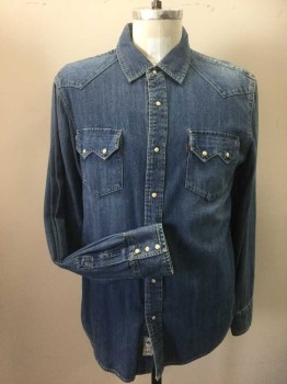 LEVI'S, Blue, Cotton, Solid, Stonewashed Denim.cream Snap Buttons. Long Sleeves, Collar Attached, with Snap Down Pocket Flaps