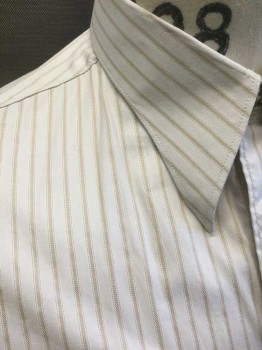 Mens, Dress Shirt, MTO, White, Lt Brown, Cotton, Stripes, 34, 15, Button Front, Curved Pointed Collar, Long Sleeves, Cuffs Need Cufflinks