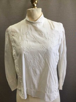 M.T.O., White, Cotton, Solid, Floral, Button Back, Band Collar, White Floral Embroidery Front/Collar/Cuff, Inverted Diagonal Pleats Back and Front, Long Sleeves Gathered At Shoulder and Cuff,