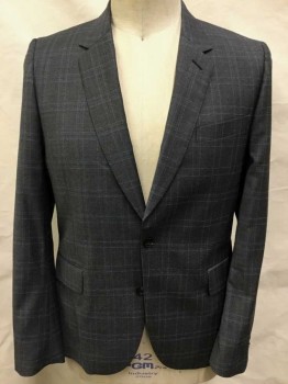 Mens, Suit, Jacket, PAUL SMITH, Gray, Lt Blue, Wool, Plaid-  Windowpane, 42R, Gray with Light Blue Double Thin Striped Windowpane, Single Breasted, Notched Lapel, 2 Buttons, 3 Pockets, Black and Royal Blue Satin Lining, Peach Lining in Sleeves