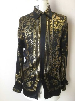 Mens, Shirt Disco, JOEY RICHI, Black, Gold, Silk, Polyester, Floral, Novelty Pattern, M, With Greek Key/Angels/Virgin Mary in Gold Thread, B.F., C.A., L/S,