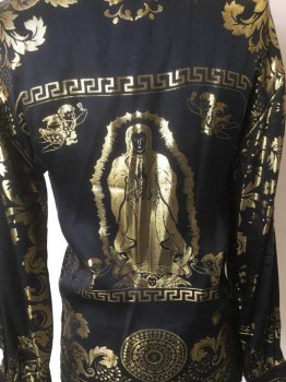 Mens, Shirt Disco, JOEY RICHI, Black, Gold, Silk, Polyester, Floral, Novelty Pattern, M, With Greek Key/Angels/Virgin Mary in Gold Thread, B.F., C.A., L/S,
