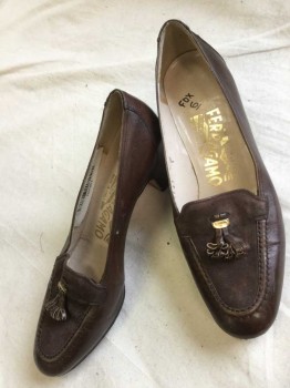 Womens, Shoes, FERRAGAMO, Brown, Gold, Leather, Suede, Solid, 6, Loafer Style Pump with Suede Panel At Front, with Small Gold Metal Logo Detail with Leather Tassles, Rounded Square Toe, Chunky 2" Heel, *Some Light Scuffing Throughout