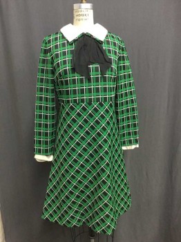 BELLFRY, Kelly Green, Black, Cream, Polyester, Linen, Plaid, Day Dress.long Sleeves, with White Linen Collar & Cuffs  with Black Synthetic Organza Bow. A Line Skirt
