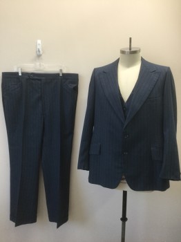 Mens, 1960s Vintage, Suit, Jacket, ACADEMY AWARD CLOTHE, Dk Blue, White, Wool, Stripes - Pin, 50L, Single Breasted, Wide Peaked Lapel, 3 Pockets, Plum Lining,