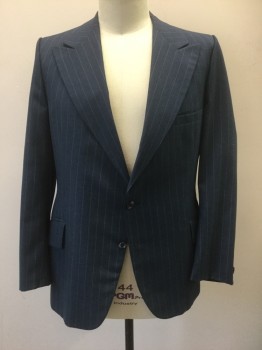 Mens, 1960s Vintage, Suit, Jacket, ACADEMY AWARD CLOTHE, Dk Blue, White, Wool, Stripes - Pin, 50L, Single Breasted, Wide Peaked Lapel, 3 Pockets, Plum Lining,
