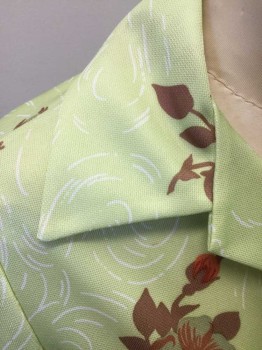 N/L, Mint Green, White, Brown, Salmon Pink, Dk Red, Polyester, Floral, Mint Background with White Swirls and Brown/Olive/Salmon/DkRed Floral Print, Short Sleeves, Collar Attached, Button Front