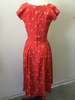 N/L, Red, Beige, Silk, Geometric, Red W/beige Circle Print, Square Neck, Cut-off Sleeves, 3/4 Length, Flair Bottom, Zip Back (hole in Lower Left Side Waist)