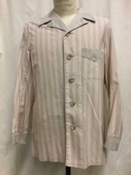 Mens, 1930s Vintage, Pajama Top, P1, NL, Blush Pink, Gray, Cotton, Stripes - Vertical , CH 40, Button Front, Collar Attached, Notched Lapel, Long Sleeves, 1 Pocket, Gray/ Blush Stripped Trim, Multiples, See FC020512