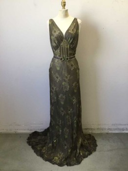 Womens, 1930s Vintage, Piece 1, MTO, Brown, Lime Green, Khaki Brown, Silk, Synthetic, Floral, W27, B34, H34, Evening Gown. Deep V Neck, Sleeveless. Bias Cut. Brown Floral Chiffon Overlay with Tiny Metalic Green Leaf Payettes. Khaki Polyester Satin Under Sheath. Zipper Center Back. Hole at Back Right Train. Dress with Belt. See Belt Photo. Creme Satin with Brown Fabric Overlay with Lime & Magenta Rhinestone Encrusted Clasp. Clasp is Broken.