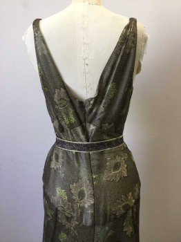 Womens, 1930s Vintage, Piece 1, MTO, Brown, Lime Green, Khaki Brown, Silk, Synthetic, Floral, W27, B34, H34, Evening Gown. Deep V Neck, Sleeveless. Bias Cut. Brown Floral Chiffon Overlay with Tiny Metalic Green Leaf Payettes. Khaki Polyester Satin Under Sheath. Zipper Center Back. Hole at Back Right Train. Dress with Belt. See Belt Photo. Creme Satin with Brown Fabric Overlay with Lime & Magenta Rhinestone Encrusted Clasp. Clasp is Broken.