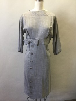 JAY HERBERT, Heather Gray, Cotton, Solid, 3/4 Sleeve, Bateau/Boat Neck, Empire Waist, 2" Wide Self Waistband with Self Bow to Side of Waist, Self Covered Buttons in Vertical Column Down Side Front of Skirt, Hem Above Knee,