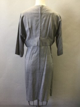 JAY HERBERT, Heather Gray, Cotton, Solid, 3/4 Sleeve, Bateau/Boat Neck, Empire Waist, 2" Wide Self Waistband with Self Bow to Side of Waist, Self Covered Buttons in Vertical Column Down Side Front of Skirt, Hem Above Knee,