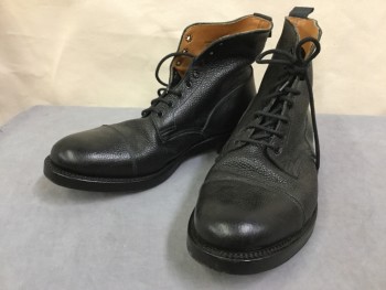 GRENSON, Black, Leather, Solid, Custom Made, Ankle High, Lacing/Ties, Cap Toe, Pebble Texture, Multiples,