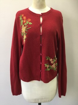 Womens, Sweater, THE LIMITED, Dk Red, Wool, Nylon, Solid, Floral, M, Cardigan, B.F., L/S, Green/Orange/Lt Brown Embroidery, Ribbed Knit Scoop Neck/Cuff/Waistband