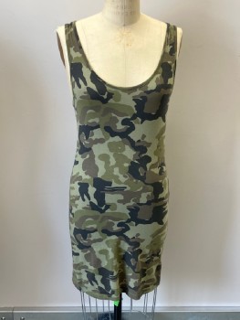 Womens, Dress, Sleeveless, ZENANA OUTFITTERS, Olive Green, Brown, Black, Cotton, Spandex, Camouflage, L, Jersey Knit, Scoop Neck, Hem Above Knee