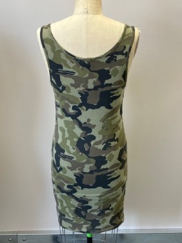 Womens, Dress, Sleeveless, ZENANA OUTFITTERS, Olive Green, Brown, Black, Cotton, Spandex, Camouflage, L, Jersey Knit, Scoop Neck, Hem Above Knee