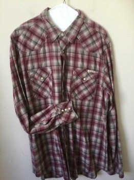 LUCKY BRAND, Wine Red, Lt Gray, Beige, Cotton, Plaid, Long Sleeves, Collar Attached, Snap Front Closure, 2 Pockets with Flaps