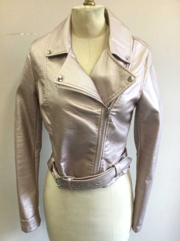 COFFEE SHOP, Mauve Pink, Metallic, Faux Leather, Solid, Mauve Metallic Pleather, Zip Front, Collar Attached, Self Belt with Silver Buckle Attached at Waist, Silver Stud on Each Side of Collar, Mauve Poly Lining