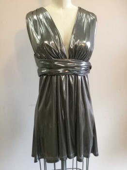 LA ROK, Silver, Polyester, Solid, Sleeveless, Mini, V-neck, Gathered Drapy X Back Straps That Wrap Around Front and Tie in Back, Elastic Waist, Slinky