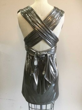 LA ROK, Silver, Polyester, Solid, Sleeveless, Mini, V-neck, Gathered Drapy X Back Straps That Wrap Around Front and Tie in Back, Elastic Waist, Slinky
